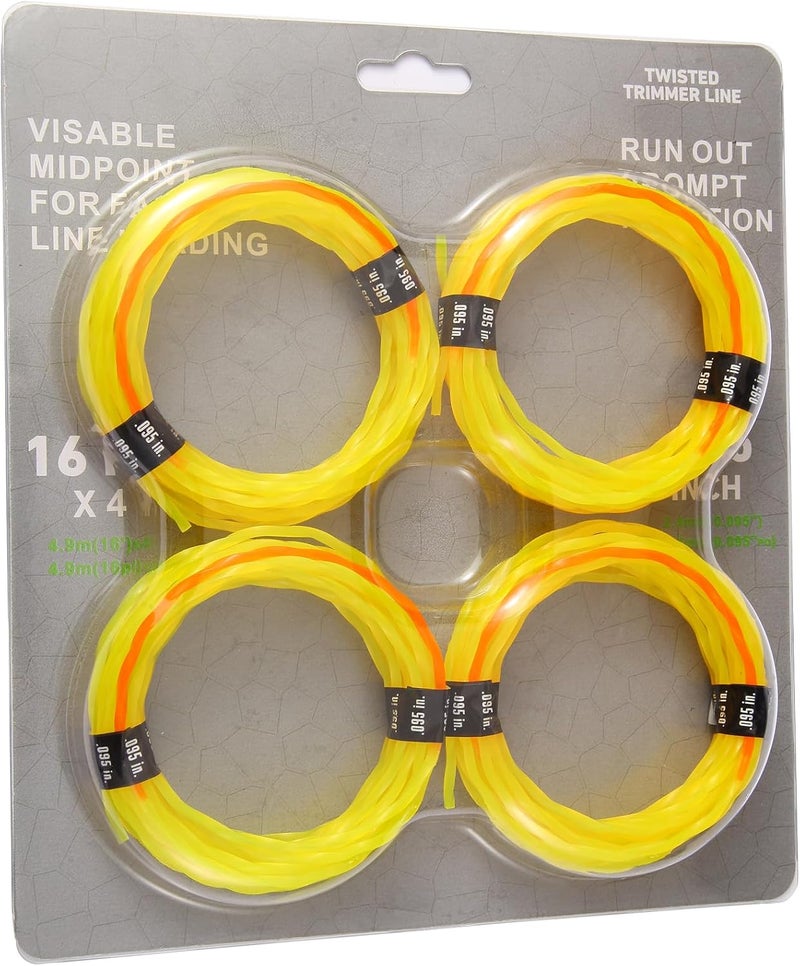 Quintillus 4-Pack String Trimmer Line .095 Compatible with Ego String Trimmer 095 Weed Eater String Pre-Cut Dual Color 3-section Fast-positioning Twisted Trimmer Line Universal Fit Weed Wacker String 16 ft - Image 1